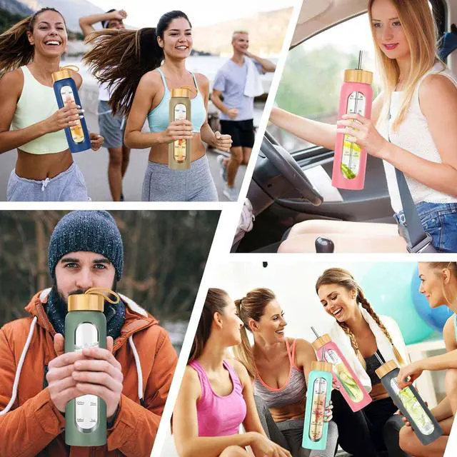 Alt view image 6 of 7 - 32 oz Glass Water Bottle with Straw - Motivational Time Marker & Silicone Sleeve - Reusable Tumbler Includes 2 Bamboo Lids & Fruit Infuser - 1 Pack