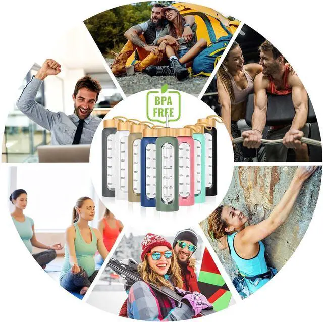 Alt view image 7 of 7 - 32 oz Glass Water Bottle with Straw - Motivational Time Marker & Silicone Sleeve - Reusable Tumbler Includes 2 Bamboo Lids & Fruit Infuser - 1 Pack