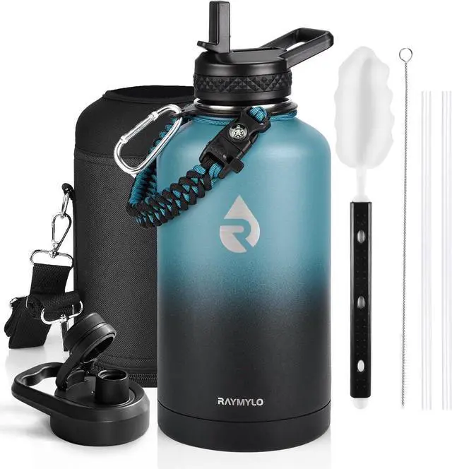 Main image of Insulated Water Bottle 64 oz, Triple Wall Vacuum Stainless Steel (Cold for 48 Hrs), Leak Proof & Non-BPA, Half Gallon Water Flask Jug with Paracord Handle & Straw Spout Lids