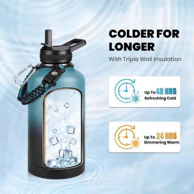 Alt view image 2 of 7 - Insulated Water Bottle 64 oz, Triple Wall Vacuum Stainless Steel (Cold for 48 Hrs), Leak Proof & Non-BPA, Half Gallon Water Flask Jug with Paracord Handle & Straw Spout Lids