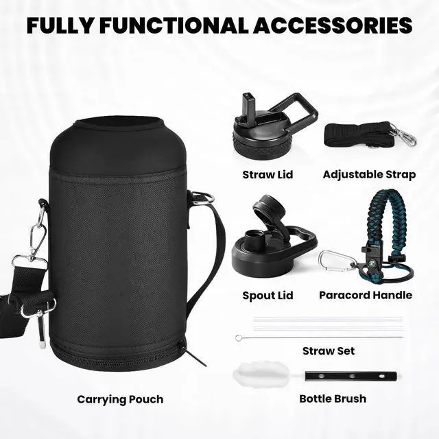 Alt view image 6 of 7 - Insulated Water Bottle 64 oz, Triple Wall Vacuum Stainless Steel (Cold for 48 Hrs), Leak Proof & Non-BPA, Half Gallon Water Flask Jug with Paracord Handle & Straw Spout Lids