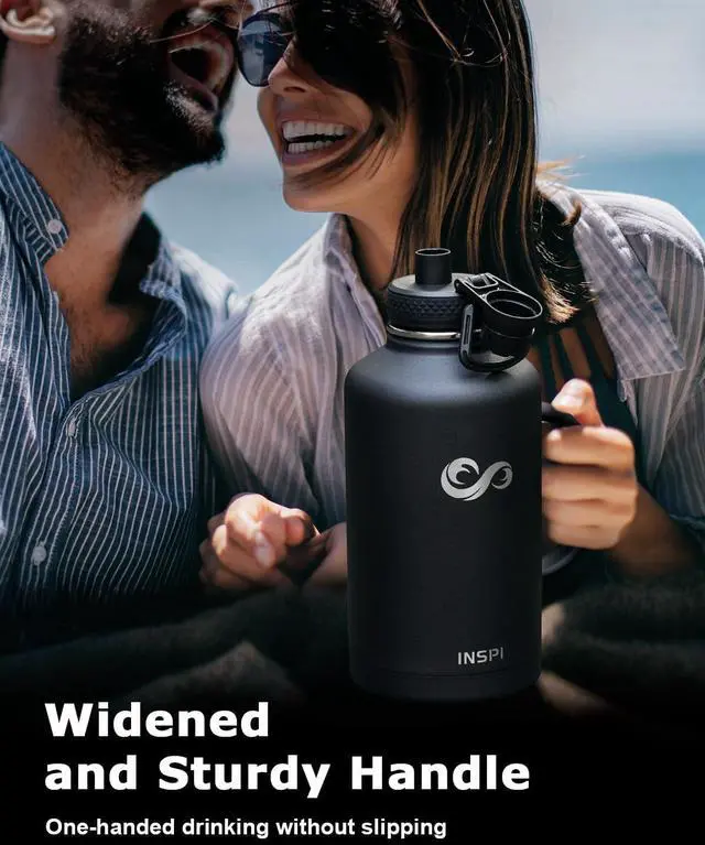 Alt view image 3 of 7 - INSPI Insulated Water Bottle 64oz with Handle, Double Wall Vacuum Stainless Steel Water Bottles with Straw & 2 Lids, Half Gallon Metal Large Jug with Carry Pouch for Outdoor Sports, Black