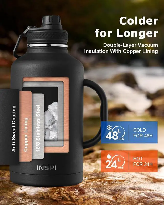 Alt view image 2 of 7 - INSPI Insulated Water Bottle 64oz with Handle, Double Wall Vacuum Stainless Steel Water Bottles with Straw & 2 Lids, Half Gallon Metal Large Jug with Carry Pouch for Outdoor Sports, Black