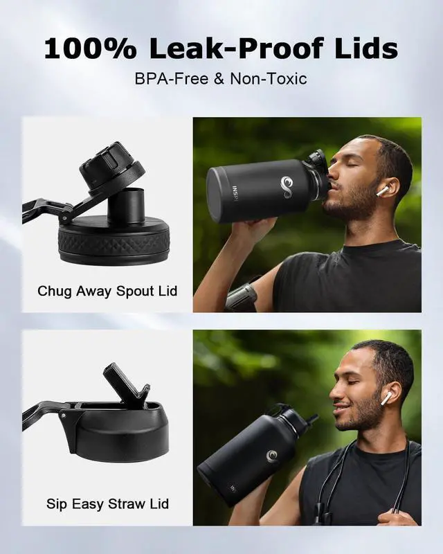 Alt view image 4 of 7 - INSPI Insulated Water Bottle 64oz with Handle, Double Wall Vacuum Stainless Steel Water Bottles with Straw & 2 Lids, Half Gallon Metal Large Jug with Carry Pouch for Outdoor Sports, Black