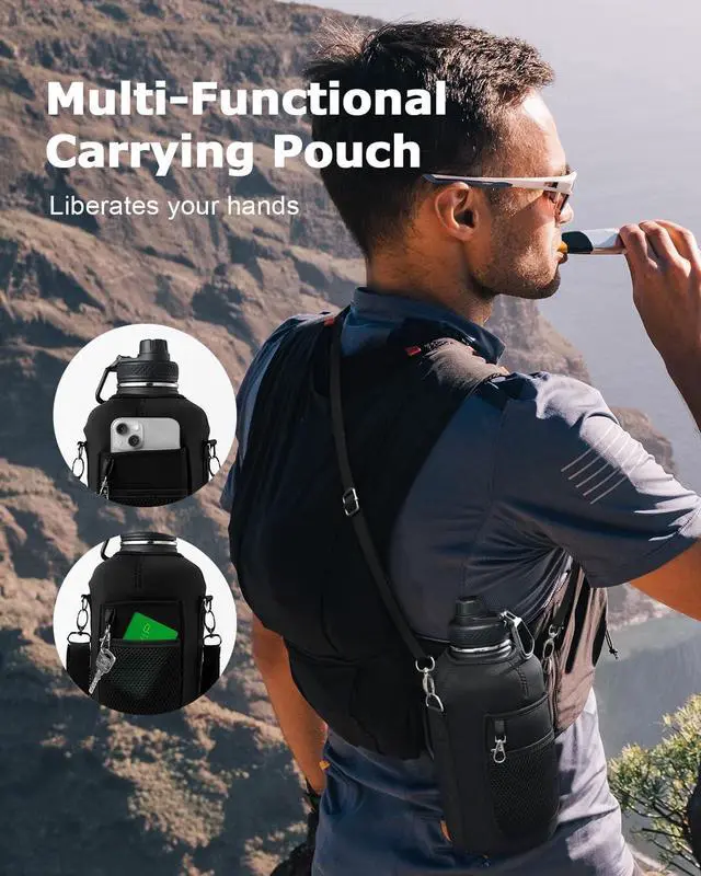 Alt view image 5 of 7 - INSPI Insulated Water Bottle 64oz with Handle, Double Wall Vacuum Stainless Steel Water Bottles with Straw & 2 Lids, Half Gallon Metal Large Jug with Carry Pouch for Outdoor Sports, Black