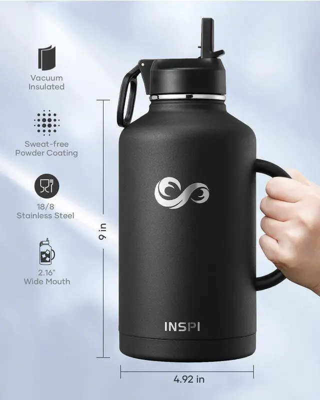 Alt view image 6 of 7 - INSPI Insulated Water Bottle 64oz with Handle, Double Wall Vacuum Stainless Steel Water Bottles with Straw & 2 Lids, Half Gallon Metal Large Jug with Carry Pouch for Outdoor Sports, Black