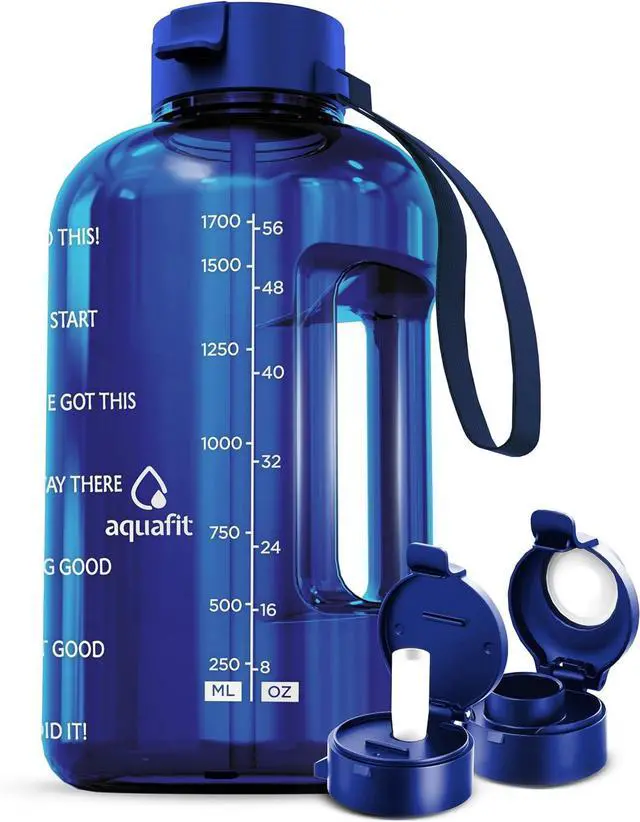 Main image of AQUAFIT Half Gallon Water Bottle with Time Marker - Straw & Chug Lid - BPA Free Big Water Bottle with Straw - Gym Water Bottle with Handle - Motivational Half Gallon Water Jug (64 oz, Blue)