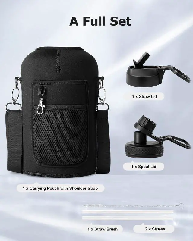 Alt view image 7 of 7 - INSPI Insulated Water Bottle 64oz with Handle, Double Wall Vacuum Stainless Steel Water Bottles with Straw & 2 Lids, Half Gallon Metal Large Jug with Carry Pouch for Outdoor Sports, Black