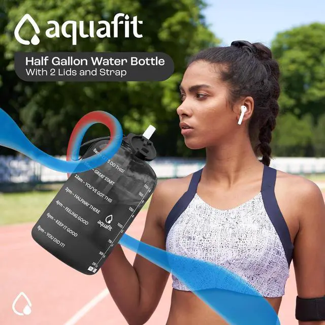 Alt view image 3 of 7 - AQUAFIT Half Gallon Water Bottle with Time Marker - Straw & Chug Lid - BPA Free Big Water Bottle with Straw - Gym Water Bottle with Handle - Motivational Half Gallon Water Jug (64 oz, Blue)