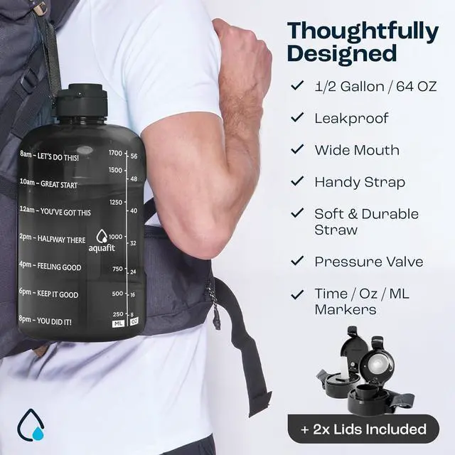 Alt view image 5 of 7 - AQUAFIT Half Gallon Water Bottle with Time Marker - Straw & Chug Lid - BPA Free Big Water Bottle with Straw - Gym Water Bottle with Handle - Motivational Half Gallon Water Jug (64 oz, Blue)