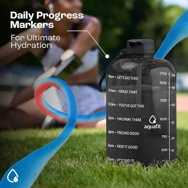Alt view image 6 of 7 - AQUAFIT Half Gallon Water Bottle with Time Marker - Straw & Chug Lid - BPA Free Big Water Bottle with Straw - Gym Water Bottle with Handle - Motivational Half Gallon Water Jug (64 oz, Blue)