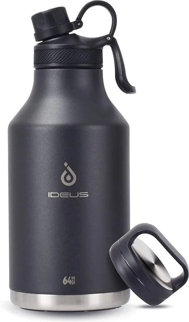 Main image of IDEUS Insulated Stainless Steel Water Bottle with 2 Leak-Proof Lids, Thermal Water Flask for Hiking Biking, 64oz, Black
