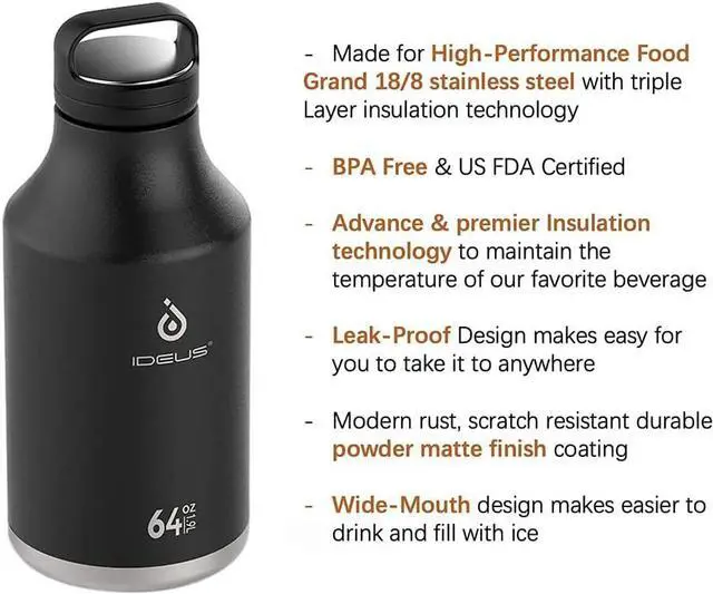 Alt view image 2 of 7 - IDEUS Insulated Stainless Steel Water Bottle with 2 Leak-Proof Lids, Thermal Water Flask for Hiking Biking, 64oz, Black