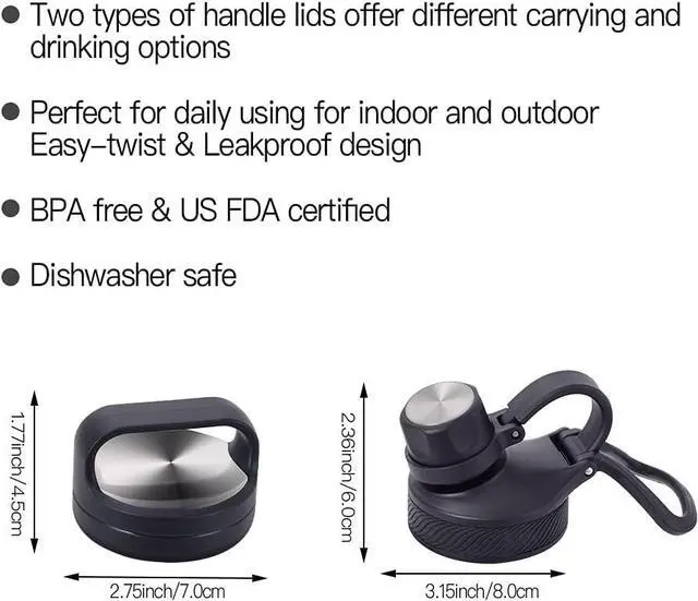 Alt view image 3 of 7 - IDEUS Insulated Stainless Steel Water Bottle with 2 Leak-Proof Lids, Thermal Water Flask for Hiking Biking, 64oz, Black