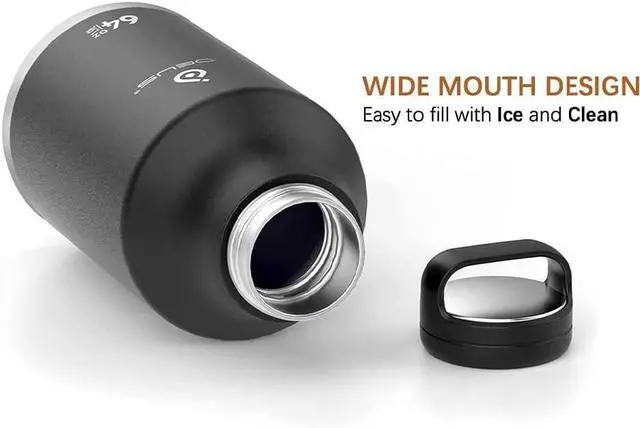 Alt view image 4 of 7 - IDEUS Insulated Stainless Steel Water Bottle with 2 Leak-Proof Lids, Thermal Water Flask for Hiking Biking, 64oz, Black