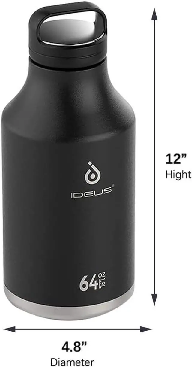 Alt view image 5 of 7 - IDEUS Insulated Stainless Steel Water Bottle with 2 Leak-Proof Lids, Thermal Water Flask for Hiking Biking, 64oz, Black