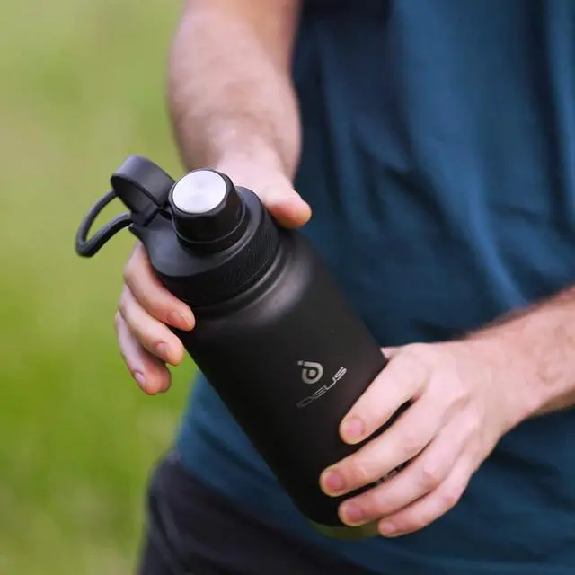 Alt view image 7 of 7 - IDEUS Insulated Stainless Steel Water Bottle with 2 Leak-Proof Lids, Thermal Water Flask for Hiking Biking, 64oz, Black
