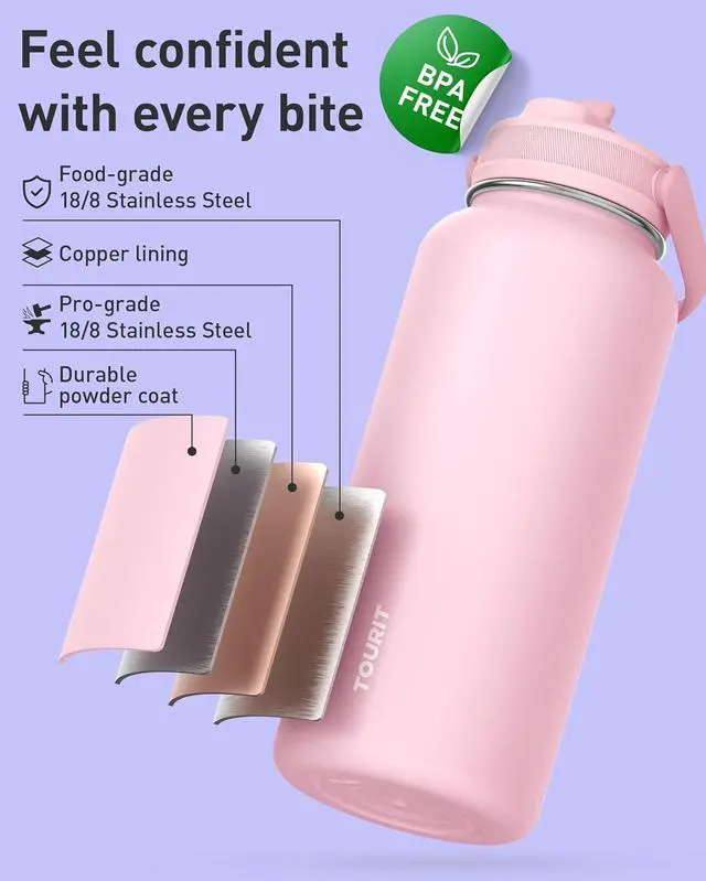 Alt view image 2 of 7 - TOURIT 32 oz Insulated Water Bottle, Stainless Steel Water Bottles With Straw, Double Wall Vacuum Metal Thermos for Cold and Hot Drinks, Leak Proof BPA Free Water Flask for Sports and Travel, Hot Pink