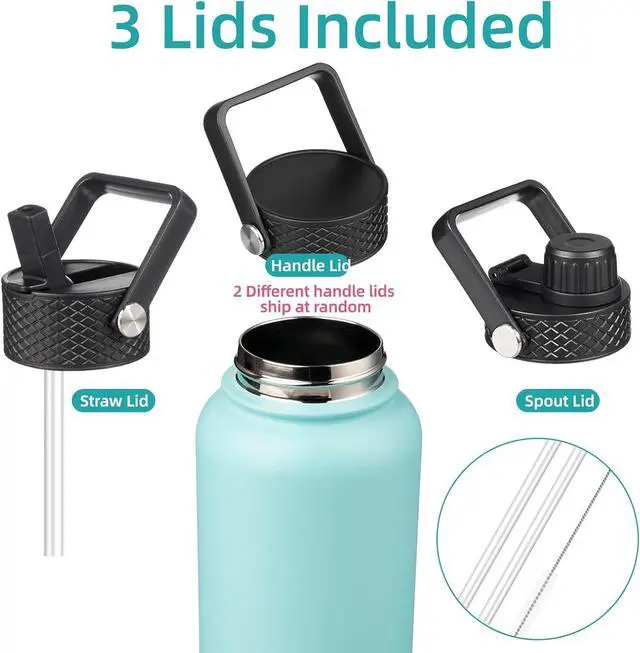 Alt view image 3 of 7 - 40oz Insulated Water Bottle Stainless Steel Sport Bottles with 3 Lids,Turquoise