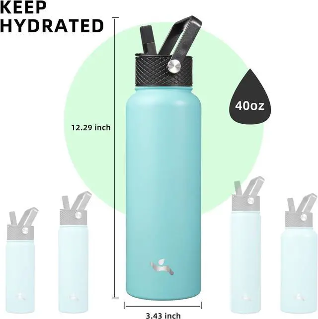 Alt view image 5 of 7 - 40oz Insulated Water Bottle Stainless Steel Sport Bottles with 3 Lids,Turquoise