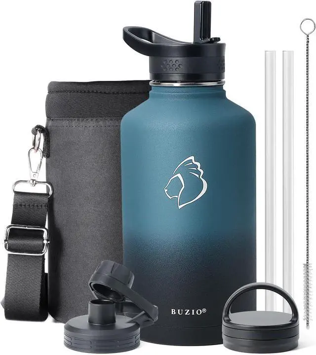 Main image of 64 oz Water Bottle Insulated with Straw & 3 lid and Carrying Pouch Leak Proof Half Gallon Stainless Steel Water Flask Jug Cold for 48 Hrs Double Vacuum Thermo Canteen BPA-Free Indigo Crush