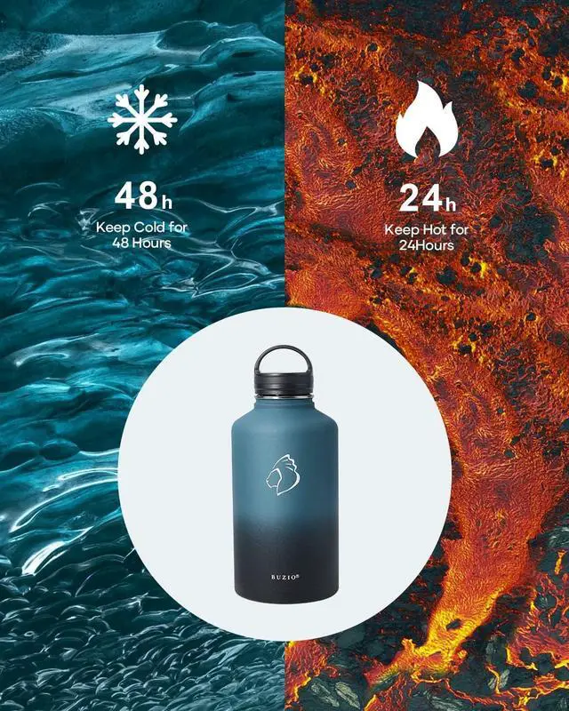Alt view image 2 of 7 - 64 oz Water Bottle Insulated with Straw & 3 lid and Carrying Pouch Leak Proof Half Gallon Stainless Steel Water Flask Jug Cold for 48 Hrs Double Vacuum Thermo Canteen BPA-Free Indigo Crush