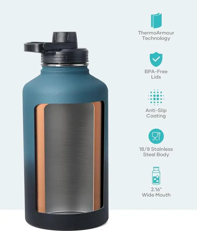 Alt view image 4 of 7 - 64 oz Water Bottle Insulated with Straw & 3 lid and Carrying Pouch Leak Proof Half Gallon Stainless Steel Water Flask Jug Cold for 48 Hrs Double Vacuum Thermo Canteen BPA-Free Indigo Crush