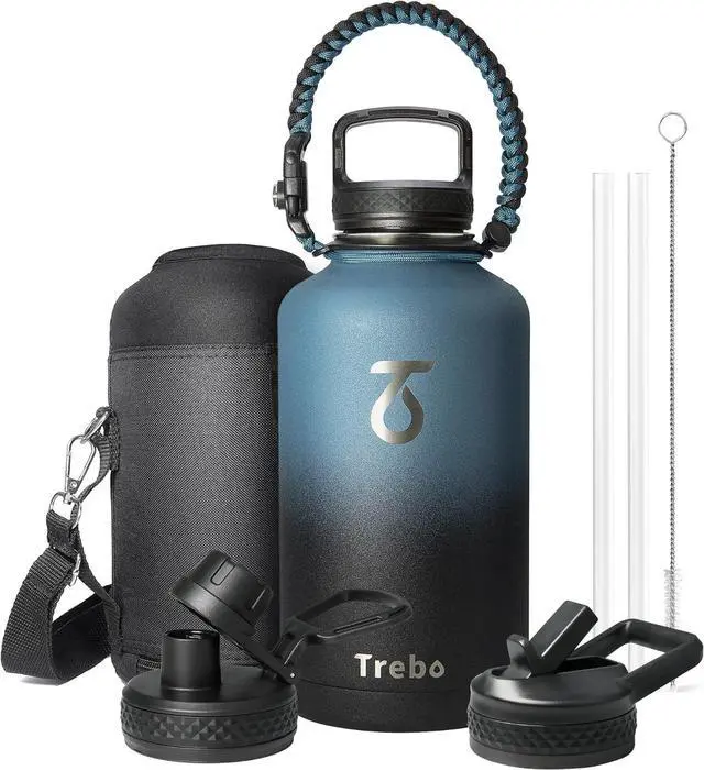 Main image of Trebo Water Bottle 64oz with Paracord Handle, Half Gallon Large Vacuum Double Wall Stainless Steel Insulated Water Jug with Holder Strap Straw Spout Lids, Leakproof Keep Cold & Hot, Indigo/Black