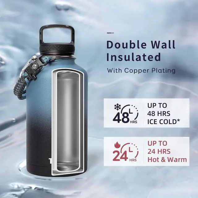 Alt view image 2 of 7 - Trebo Water Bottle 64oz with Paracord Handle, Half Gallon Large Vacuum Double Wall Stainless Steel Insulated Water Jug with Holder Strap Straw Spout Lids, Leakproof Keep Cold & Hot, Indigo/Black