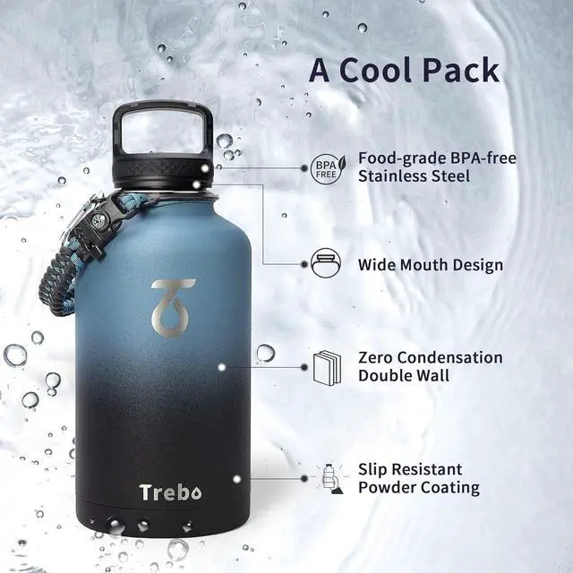 Alt view image 5 of 7 - Trebo Water Bottle 64oz with Paracord Handle, Half Gallon Large Vacuum Double Wall Stainless Steel Insulated Water Jug with Holder Strap Straw Spout Lids, Leakproof Keep Cold & Hot, Indigo/Black