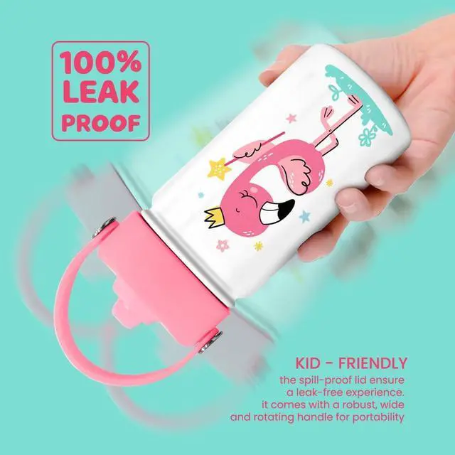 Alt view image 4 of 7 - SANDJEST Flamingo Water Bottle - Kids Water Bottle with Straw Lid - 12 Oz Insulated Stainless Steel Water Bottles for Toddlers Kid Girls - Travel Cup for School Sports
