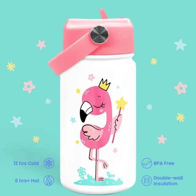 Alt view image 5 of 7 - SANDJEST Flamingo Water Bottle - Kids Water Bottle with Straw Lid - 12 Oz Insulated Stainless Steel Water Bottles for Toddlers Kid Girls - Travel Cup for School Sports