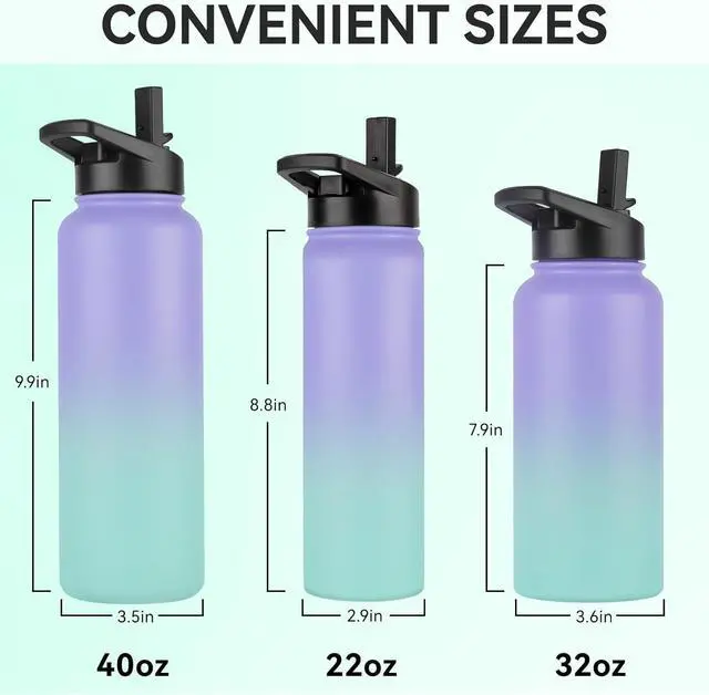 Alt view image 4 of 6 - DOMICARE 40 oz Insulated Water Bottle Bulk, Vacuum Insulated Stainless Steel Sports Water Bottle with Straw Lid & Spout Lid, Leakproof, Reusable - Travel, Camping, Bike, Purple Green Gradient(4 Pack)