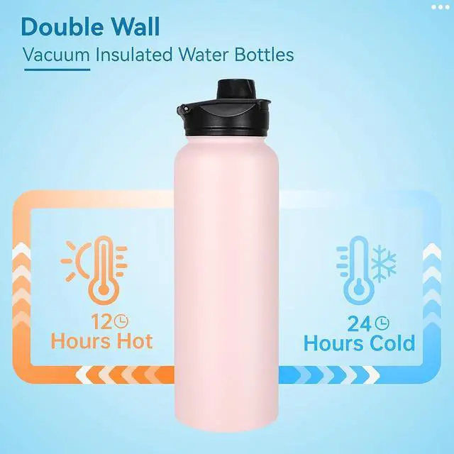 Alt view image 3 of 7 - VEGOND 40 oz Insulated Water Bottle Bulk Stainless Steel Metal Water Bottles with Leak Proof Straw Lid & Spout Lid, Wide Mouth Double Walled Vacuum Travel Sports Bottle, 4 Pack