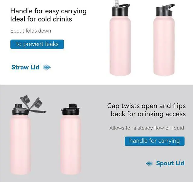 Alt view image 5 of 7 - VEGOND 40 oz Insulated Water Bottle Bulk Stainless Steel Metal Water Bottles with Leak Proof Straw Lid & Spout Lid, Wide Mouth Double Walled Vacuum Travel Sports Bottle, 4 Pack