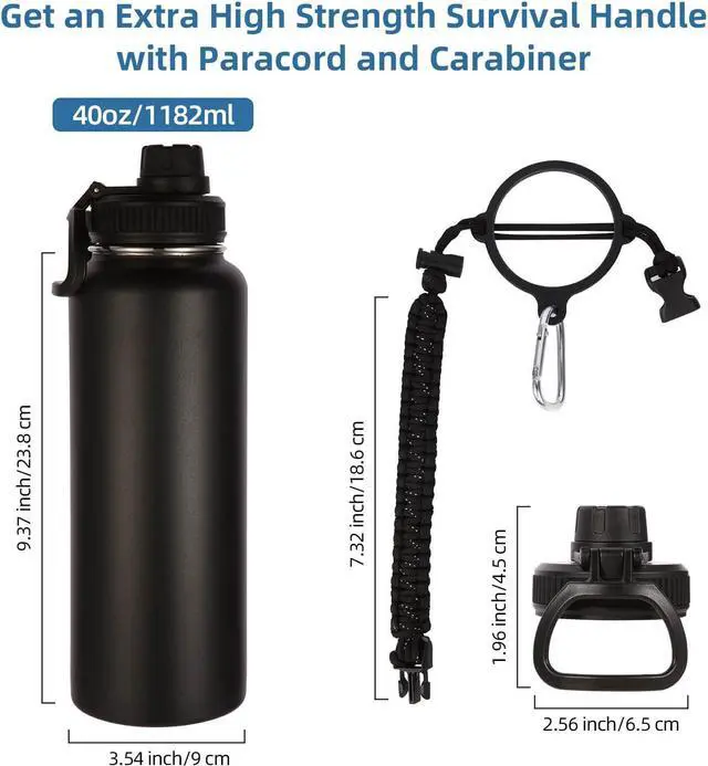 Alt view image 3 of 7 - Volhoply 40 oz Insulated Water Bottles Paracord Handle, Stainless Steel Sports Bottle with Spout Lid, Double Walled Travel Water Thermos with Wide Mouth, Reusable Water jug for Adults (Black, 1 Set)