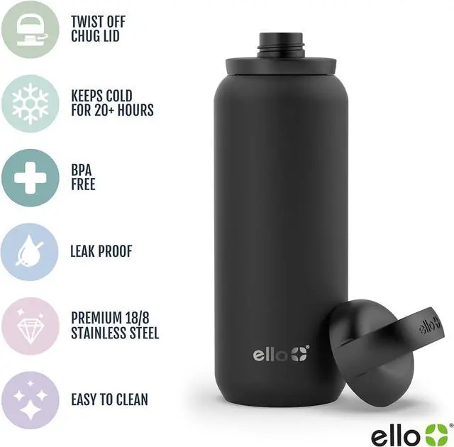 Alt view image 3 of 7 - Ello Cooper Twist 32oz Stainless Steel Water Bottle with Chug Lid | Leak Proof | Double Walled and Vacuum Insulated | Built in Carry Loop | Dishwasher Safe | Gray