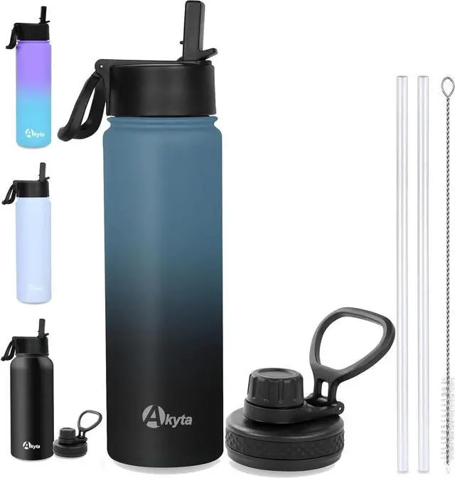 Main image of Akyta 24 Oz Water Bottle, Sports Water Bottle with Straw Lid, Spout lid, Vacuum-Insulated Stainless-Steel,Double-walled Thermos Water Bottle for Hiking Biking (24 oz, Indigo black)