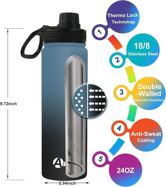 Alt view image 3 of 7 - Akyta 24 Oz Water Bottle, Sports Water Bottle with Straw Lid, Spout lid, Vacuum-Insulated Stainless-Steel,Double-walled Thermos Water Bottle for Hiking Biking (24 oz, Indigo black)