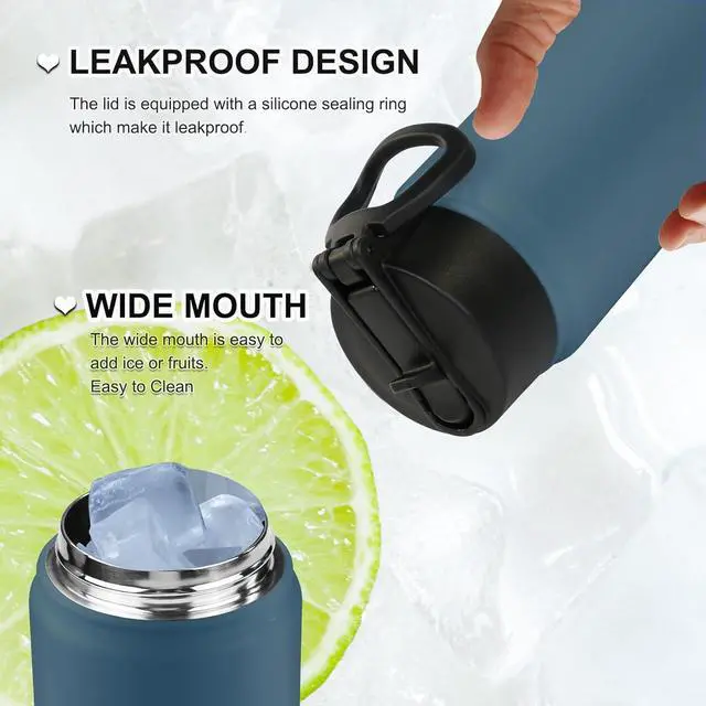 Alt view image 5 of 7 - Akyta 24 Oz Water Bottle, Sports Water Bottle with Straw Lid, Spout lid, Vacuum-Insulated Stainless-Steel,Double-walled Thermos Water Bottle for Hiking Biking (24 oz, Indigo black)