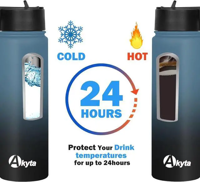 Alt view image 4 of 7 - Akyta 24 Oz Water Bottle, Sports Water Bottle with Straw Lid, Spout lid, Vacuum-Insulated Stainless-Steel,Double-walled Thermos Water Bottle for Hiking Biking (24 oz, Indigo black)
