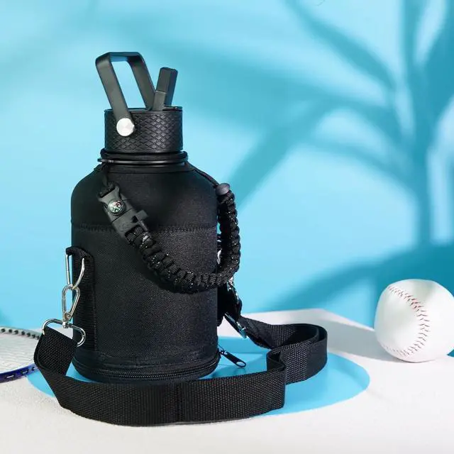 Alt view image 7 of 7 - Half Gallon Insulated Water Bottle with Straw,64 oz 3 Lids Water Jug with Carrying Bag,Paracord Handle,Double Wall Vacuum Stainless Steel Metal Flask,Navy Blue