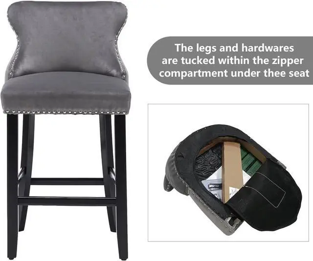 Alt view image 3 of 7 - mikibama Velvet Wingback Bar Stools Set of 2, Upholstered Button Tufted Counter Height Bar Stool with Solid Wood Legs Kitchen Island Padded Barstools with Nailhead Trim (Grey)
