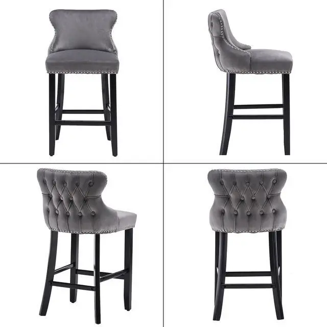 Alt view image 5 of 7 - mikibama Velvet Wingback Bar Stools Set of 2, Upholstered Button Tufted Counter Height Bar Stool with Solid Wood Legs Kitchen Island Padded Barstools with Nailhead Trim (Grey)