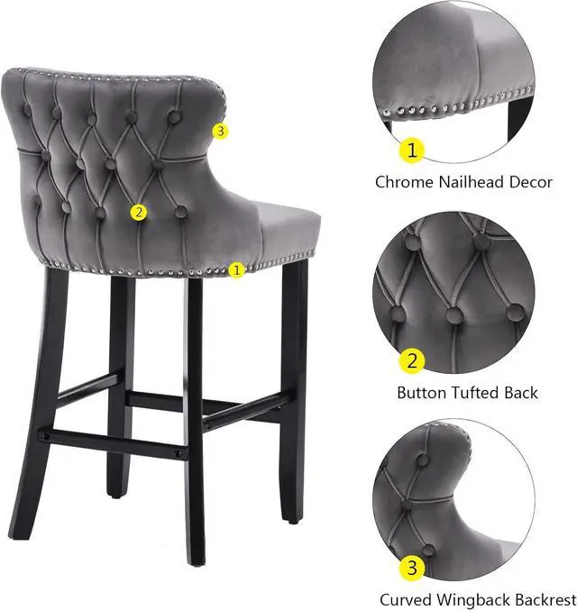 Alt view image 6 of 7 - mikibama Velvet Wingback Bar Stools Set of 2, Upholstered Button Tufted Counter Height Bar Stool with Solid Wood Legs Kitchen Island Padded Barstools with Nailhead Trim (Grey)