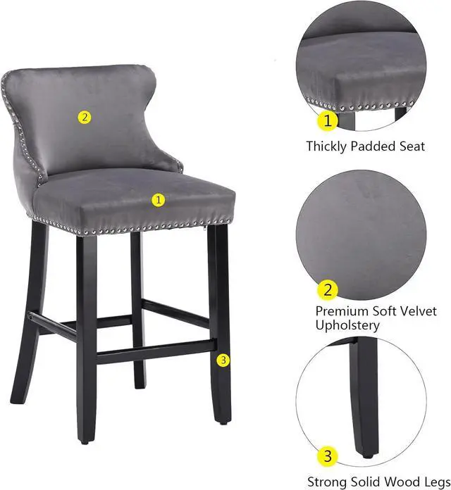 Alt view image 7 of 7 - mikibama Velvet Wingback Bar Stools Set of 2, Upholstered Button Tufted Counter Height Bar Stool with Solid Wood Legs Kitchen Island Padded Barstools with Nailhead Trim (Grey)