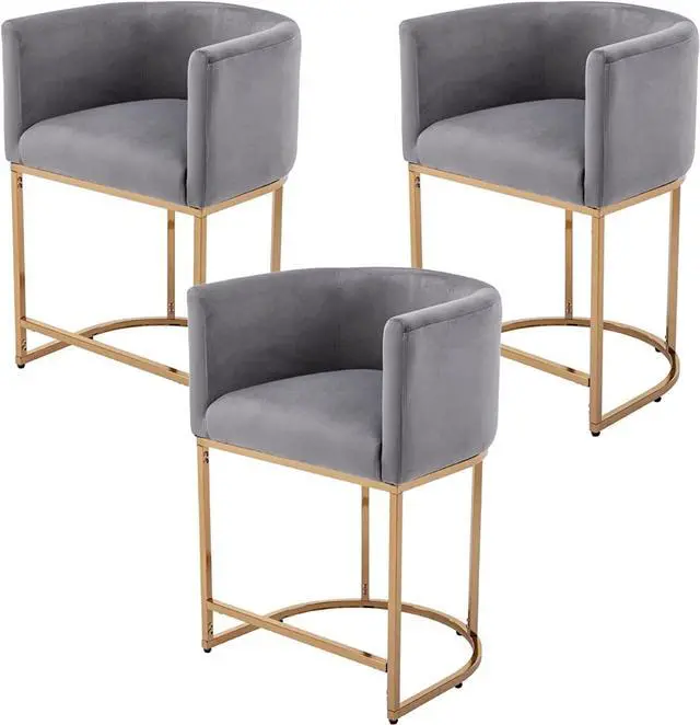 Main image of Contemporary Grey Velvet Bar Stools Set of 3, 24" Upholstered Fabric Counter Height Barstools Kitchen Counter Island Stools with Screwed Together Golden Metal Base