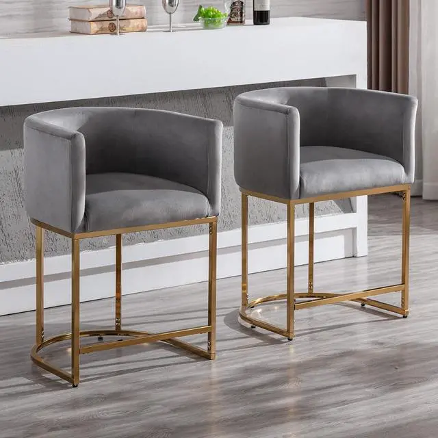 Alt view image 2 of 7 - Contemporary Grey Velvet Bar Stools Set of 3, 24" Upholstered Fabric Counter Height Barstools Kitchen Counter Island Stools with Screwed Together Golden Metal Base