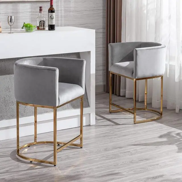 Alt view image 7 of 7 - Contemporary Grey Velvet Bar Stools Set of 3, 24" Upholstered Fabric Counter Height Barstools Kitchen Counter Island Stools with Screwed Together Golden Metal Base