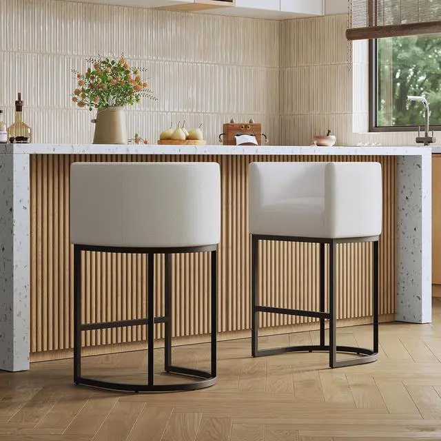 Alt view image 2 of 7 - 26" Modern Kitchen Counter Height Bar Stools,Fabric Upholstered Barrel Barstools Covers with Backs,Island Chairs Bar Stools Set of 1 with Metal Black Frames,Snowy White Linen